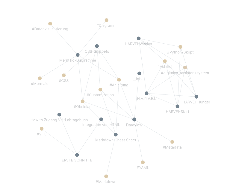 Der Interactive Graph in Obsidian zeigt Nutzenden intern die Vernetzung der Beiträge im Laborbuch des VHL (Screenshot von Mary Shnayien)