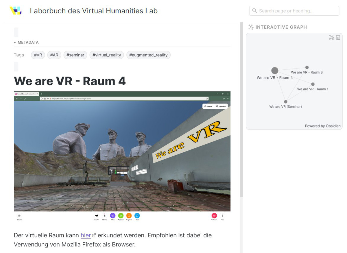 Das Laborbuch des Virtual Humanities Lab zeigt die Abbildung eines virtuellen Raums und den  Navigationsgraphen der Website