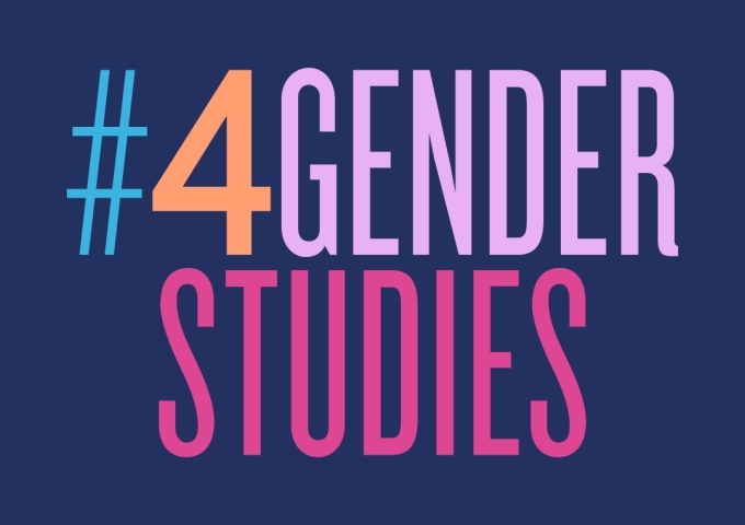 Logo des Wissenschaftstags #4GenderStudies, bunte Schrift auf blauem Hintergrund
