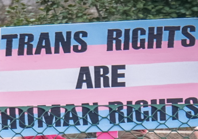 Bild mit einem Plakat auf dem steht "Trans Rights Are Human Rights"