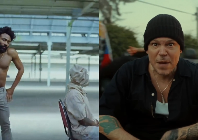 Ein geteilter Screen zeigt zwei Männer, einer davon in Bewegung, der andere mit starrem Blick in die Kamera.