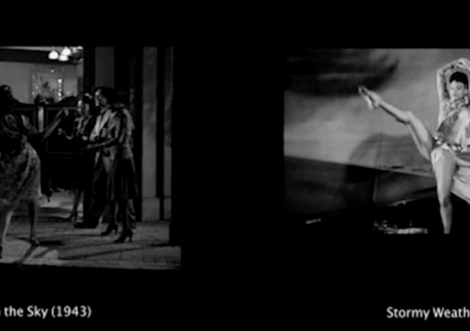 Links eine Gruppentanzszene, rechts eine einzelne Tänzerin mit erhobenem Bein. Darunter die Titel der jeweiligen Filmquellen: Cabin in the Sky (1943) (links) und Stormy Weather (1943) (rechts).