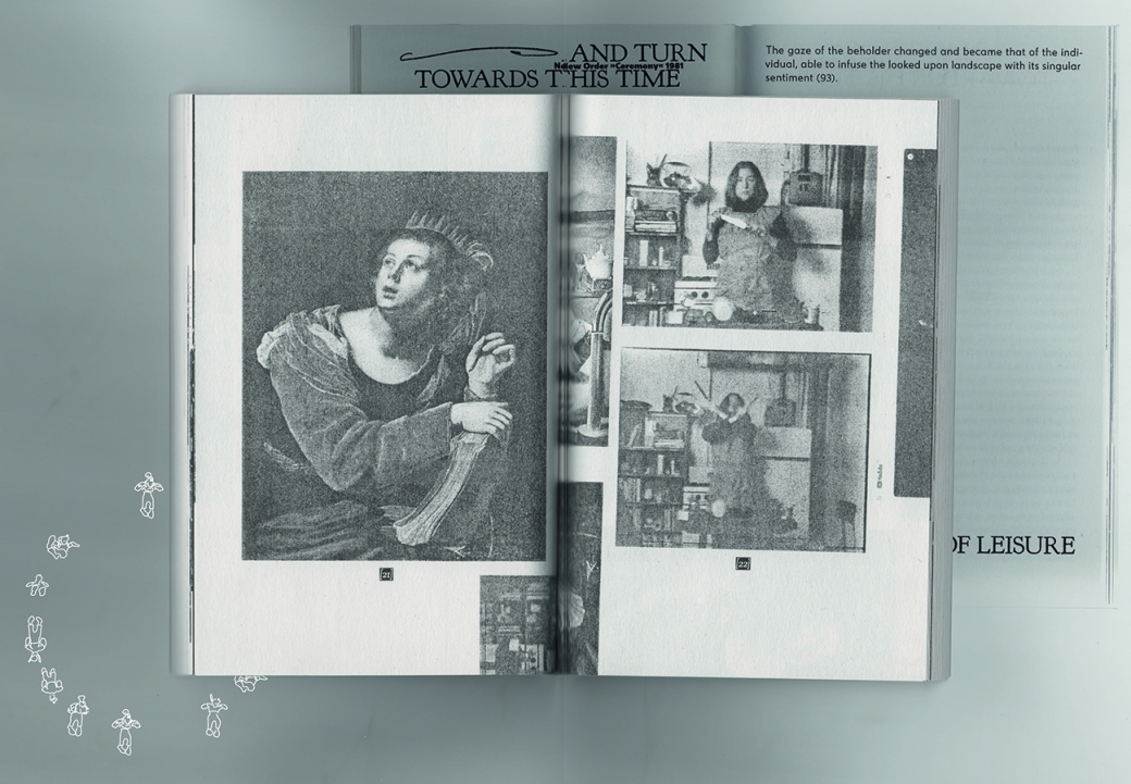 Eingescannte Buchseiten, übereinander arrangiert, aus Sophie Florian: „A Place is the Space where the Body is“, 2025. 