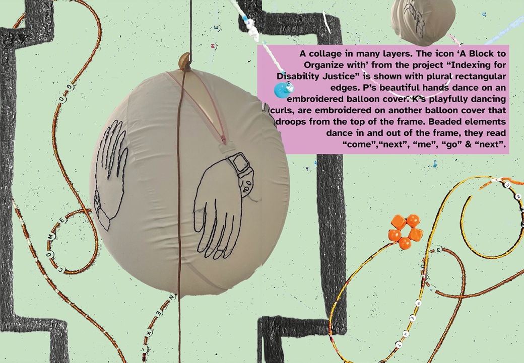 Mintgrüner Hintergrund, darauf eine Collage. Auf einen Stoffballon sind erneut Hände aufgestickt. Ein großes grafisches Element, rechteckig, schwarz schraffiert, rahmt die Heftseiten. Erneut sind Buchstabenwürfel zu sehen, auf Schnüre gefädelt und über die Seite schlängelnd. Pastellfarbene Farbspritzer sind über die Seite verteilt.
