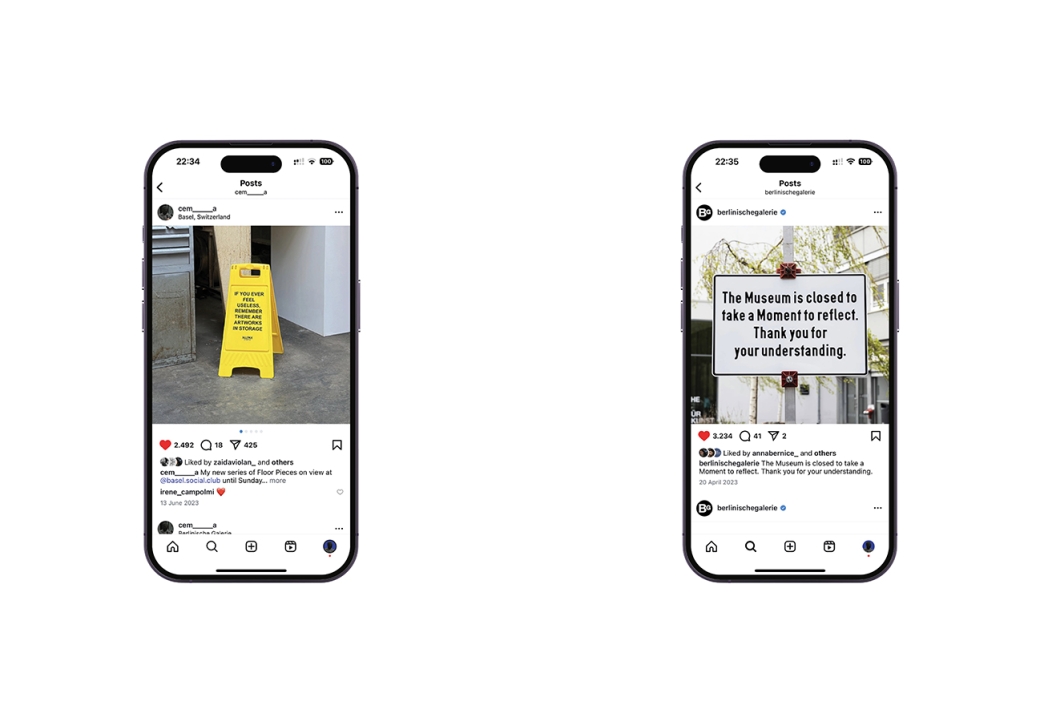 linke Seite: @cem_____a: My new series of Floor Pieces on view at @basel.social.club; rechte Seite: @berlinischegalerie: The Museum is closed [...], Instagram, 20.4.2023