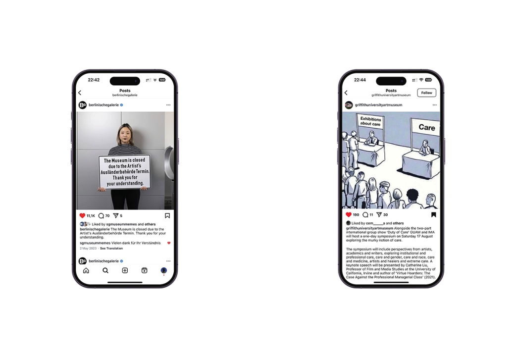 linke Seite: @berlinischegalerie: The Museum is closed [...]; rechte Seite: @griffithuniversityartmuseum: Alongside the two-part international group show […]