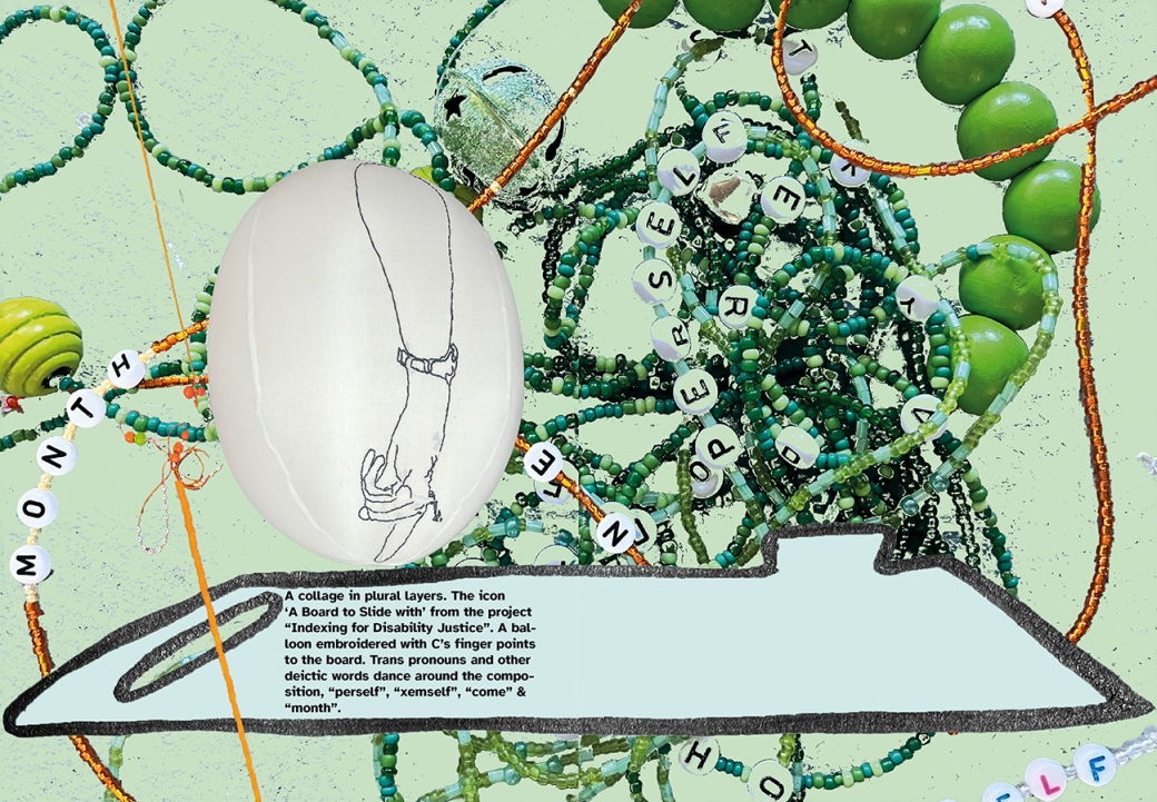 Mintgrüner Hintergrund. Ein Stoffballon mit einer aufgestickten, hinabzeigenden Hand. Neben den Buchstaben-Würfel-Ketten schlängelt sich jetzt auch eine lange Kette durchs Bild, auf der Perlen und Steine in verschiedenen Grüntönen aufgezogen sind.
