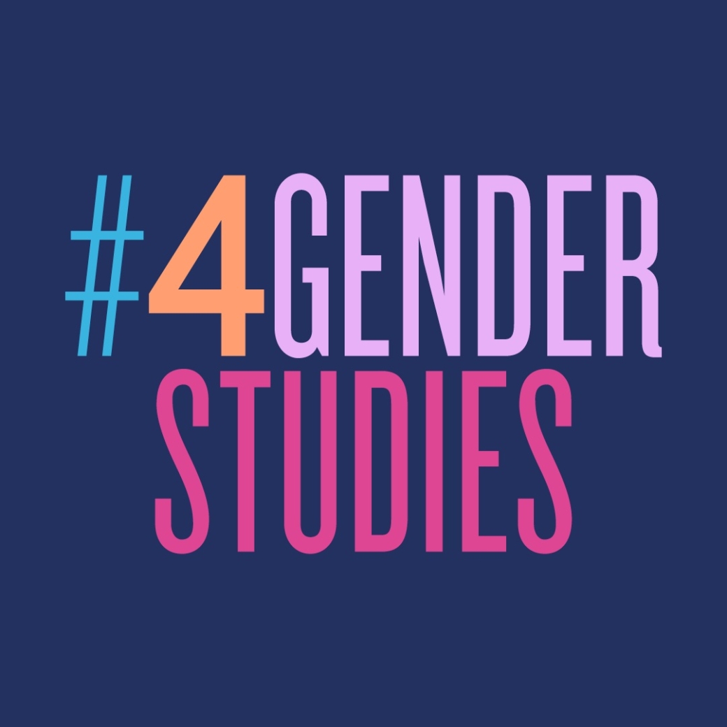 Logo des Wissenschaftstags #4GenderStudies, bunte Schrift auf blauem Hintergrund
