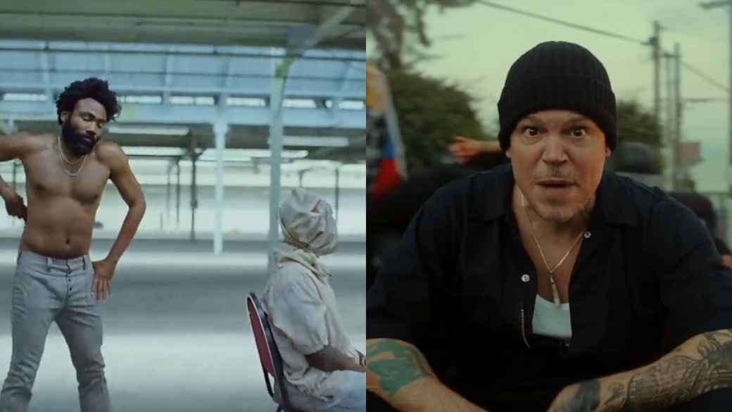 Ein geteilter Screen zeigt zwei Männer, einer davon in Bewegung, der andere mit starrem Blick in die Kamera.