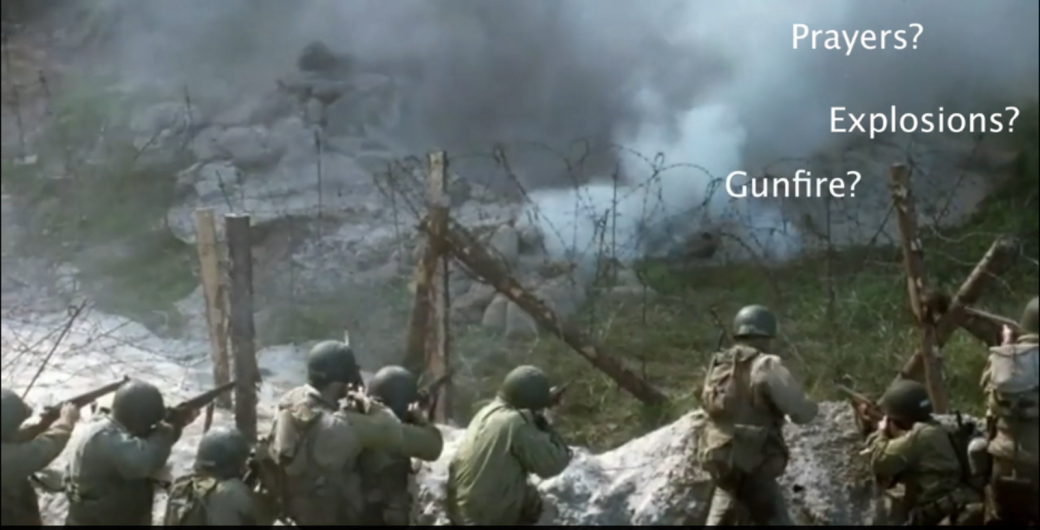 Das Bild zeigt ein Schlachtfeld und Soldaten.